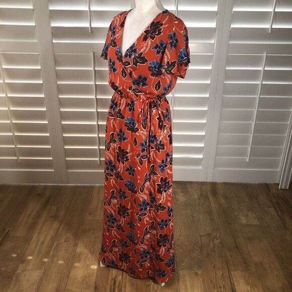 Crescent Surplice Mock Wrap Maxi Dress Small Flutter Sleeve Coral Floral Print - Picture 3 of 12